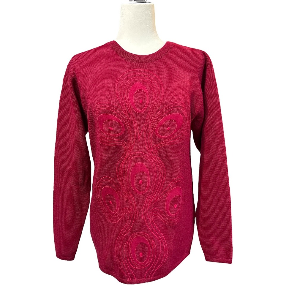 Vintage Semplice Pure Virgin Wool Sweater Suede & Snakeskin‎ Trim Red Women's M
